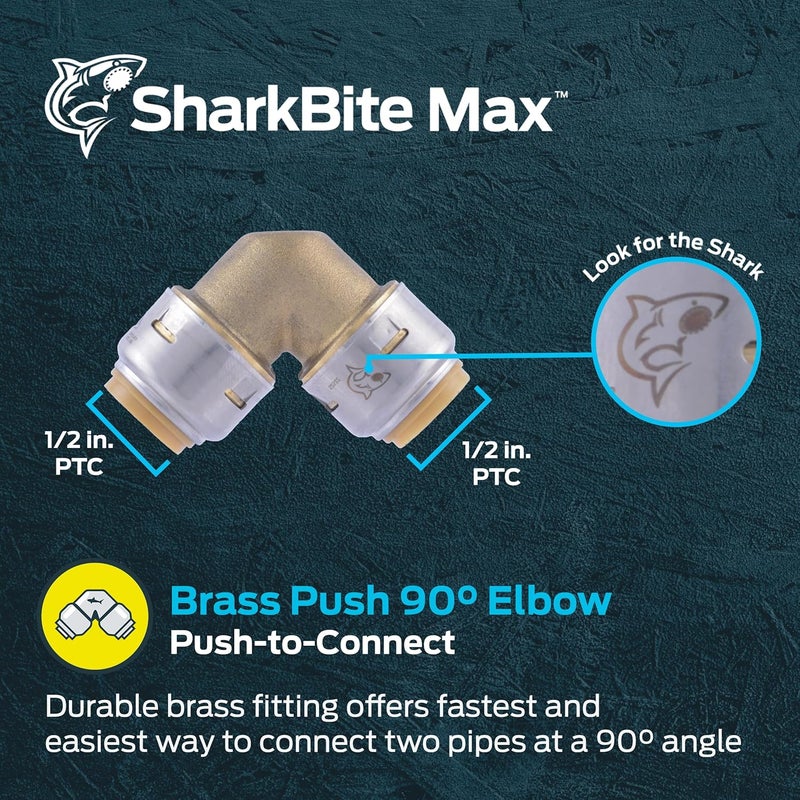 SharkBite Max 1/2 x 1/2 in PTC 90-Degree Elbow, Push-to-Connect Brass Plumbing Fitting, UR248A - Image 2